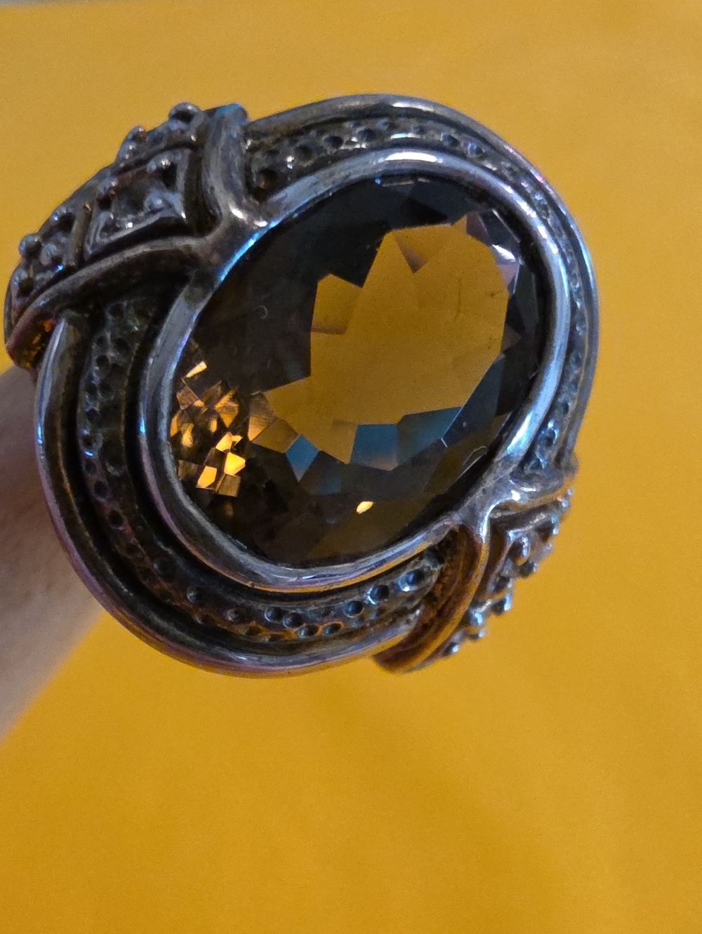 Vintage Textured 925 Ring w/ Cushion-Cut or Oval Smoky Quartz or Topaz Stone